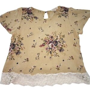 Rewind Boho Floral Blouse, Lace Hem, Mustard Yellow
